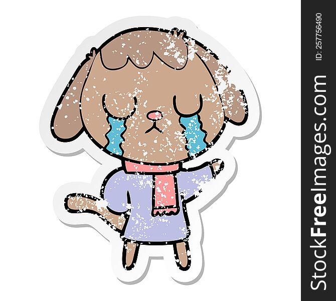 distressed sticker of a cute cartoon dog crying
