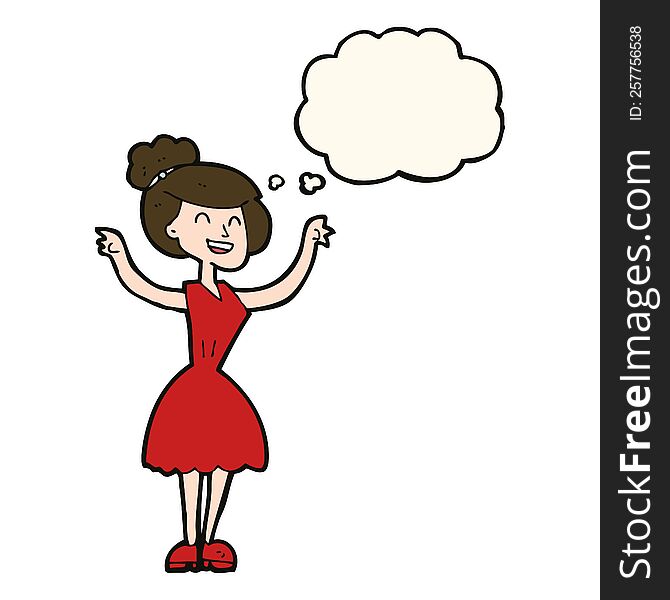 cartoon woman with raised arms with thought bubble