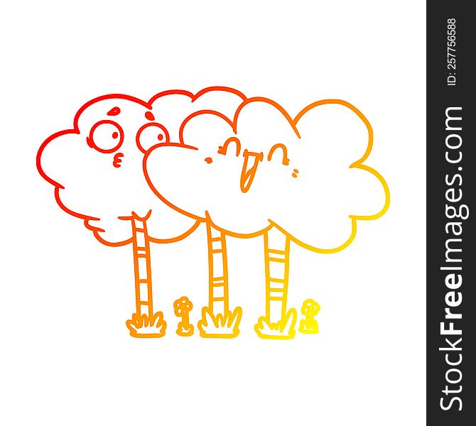 warm gradient line drawing cartoon trees with faces