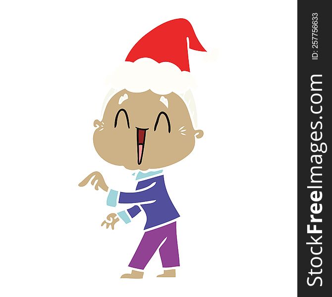 hand drawn flat color illustration of a happy old lady wearing santa hat