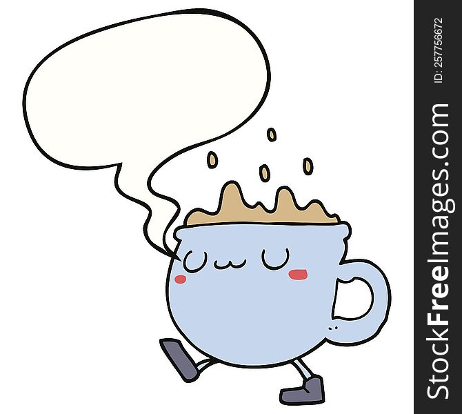 Cartoon Coffee Cup Walking And Speech Bubble