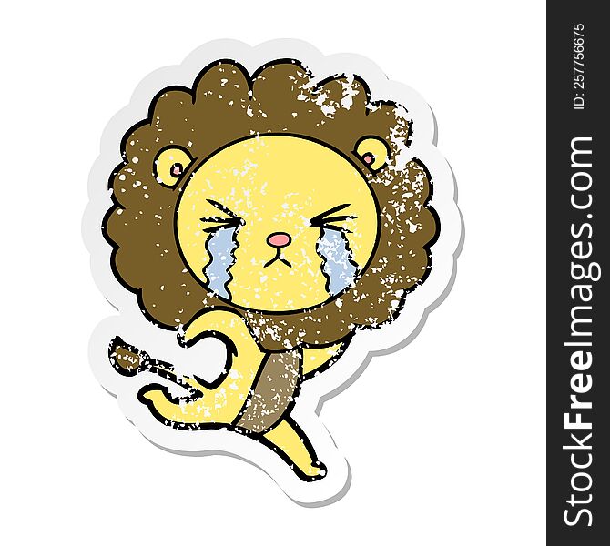 distressed sticker of a cartoon crying lion running away