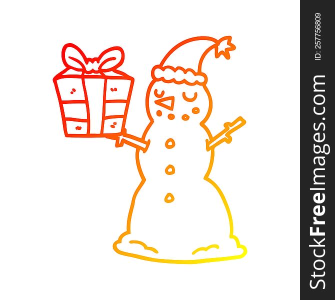 warm gradient line drawing of a cartoon snowman with present
