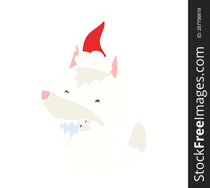 Flat Color Illustration Of A Hungry Wolf Wearing Santa Hat