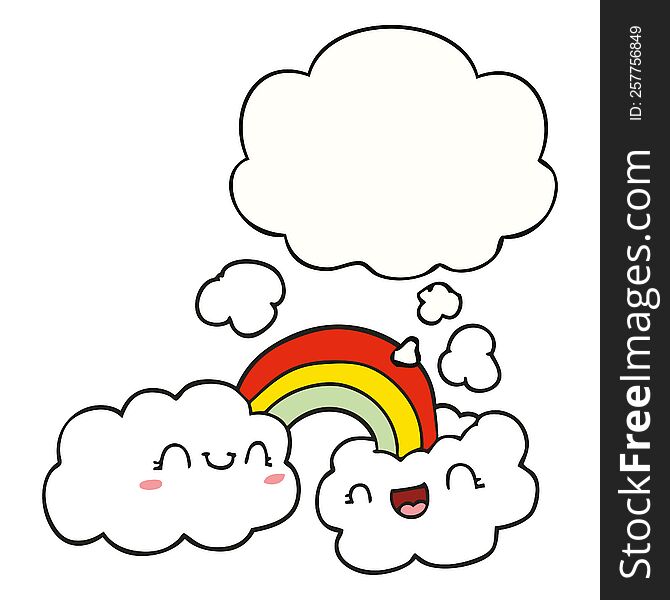 happy cartoon clouds and rainbow with thought bubble