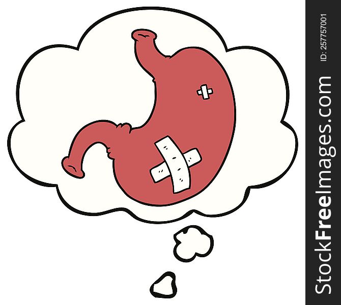 cartoon stomach with thought bubble. cartoon stomach with thought bubble