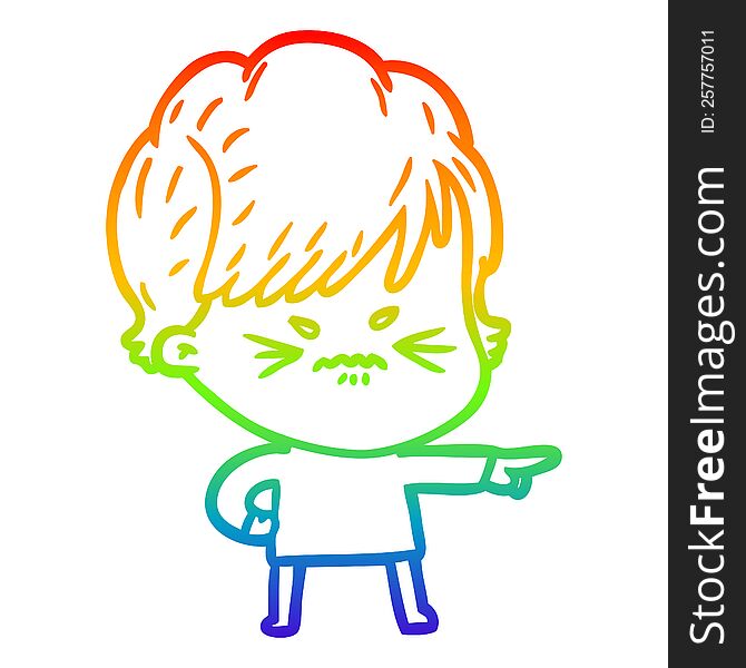 rainbow gradient line drawing of a cartoon frustrated woman