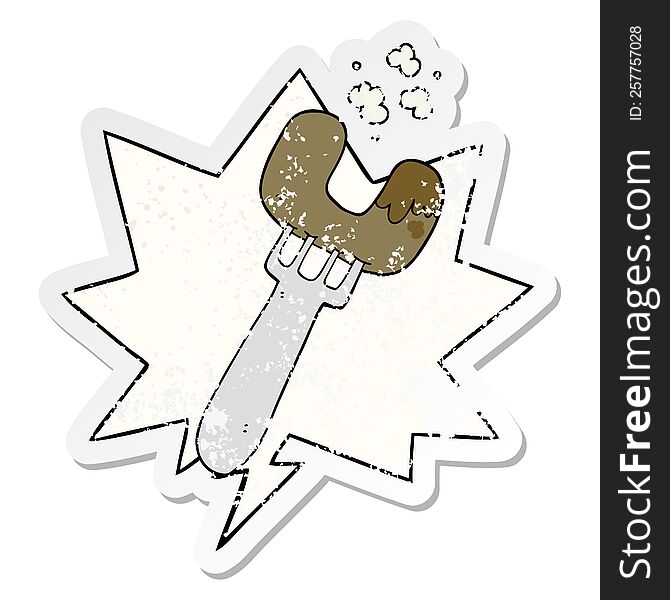 Cartoon Sausage On Fork And Speech Bubble Distressed Sticker