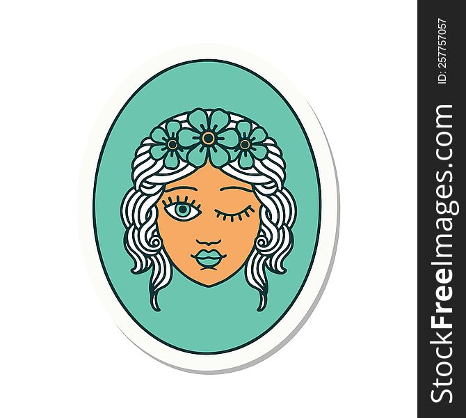 sticker of tattoo in traditional style of a maiden with crown of flowers winking. sticker of tattoo in traditional style of a maiden with crown of flowers winking