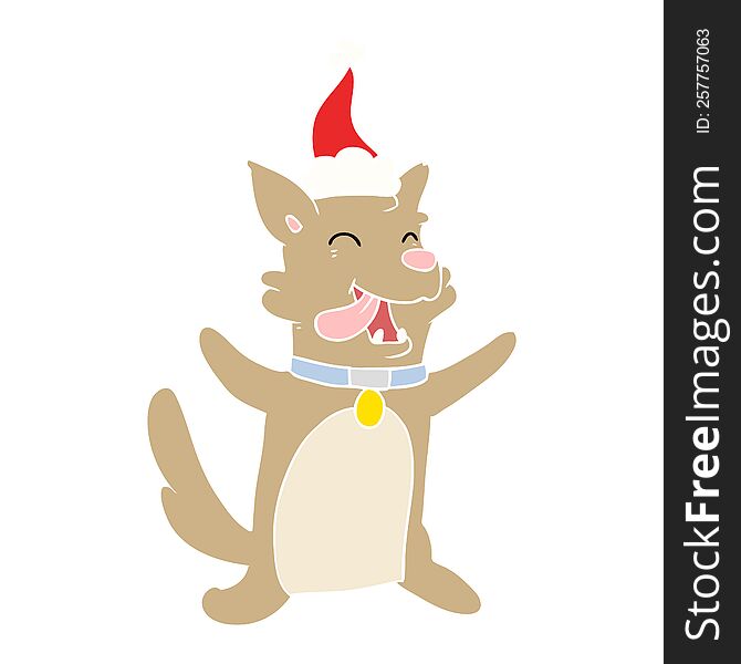 Flat Color Illustration Of A Happy Dog Wearing Santa Hat