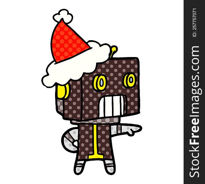 Comic Book Style Illustration Of A Robot Wearing Santa Hat