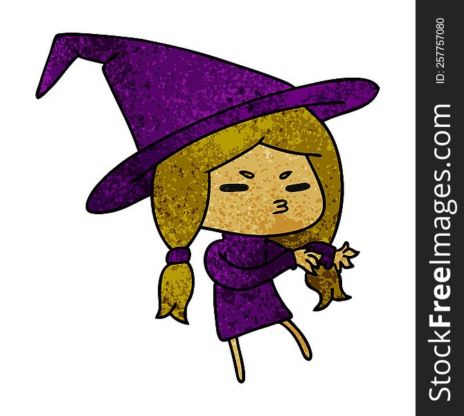 textured cartoon illustration of a cute witch kawaii girl. textured cartoon illustration of a cute witch kawaii girl