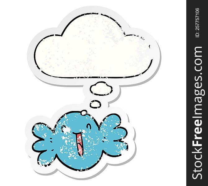 cartoon happy candy with thought bubble as a distressed worn sticker