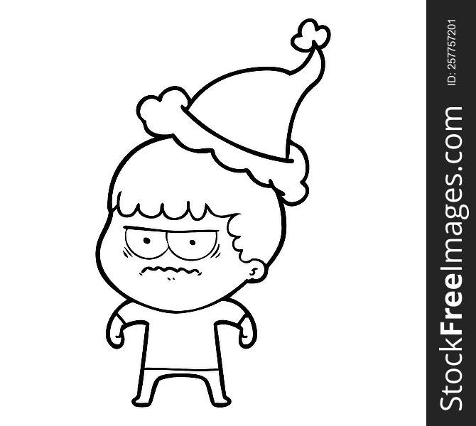 Line Drawing Of A Annoyed Man Wearing Santa Hat