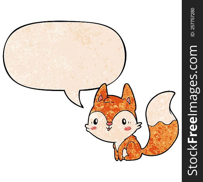 Cute Cartoon Fox And Speech Bubble In Retro Texture Style