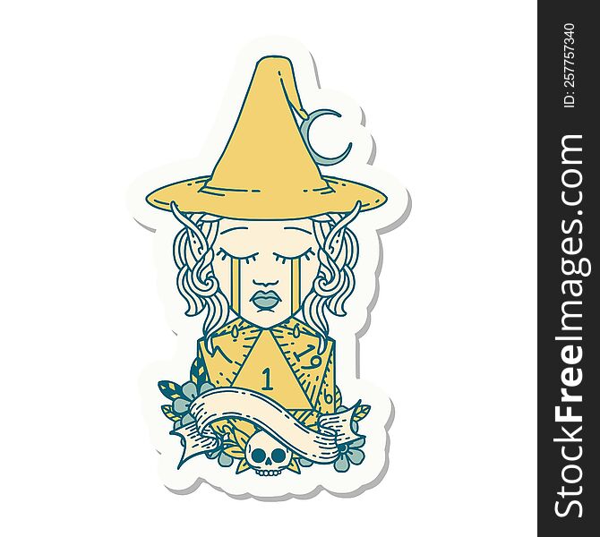 Crying Elf Mage Character Face With Natural One D20 Roll Sticker