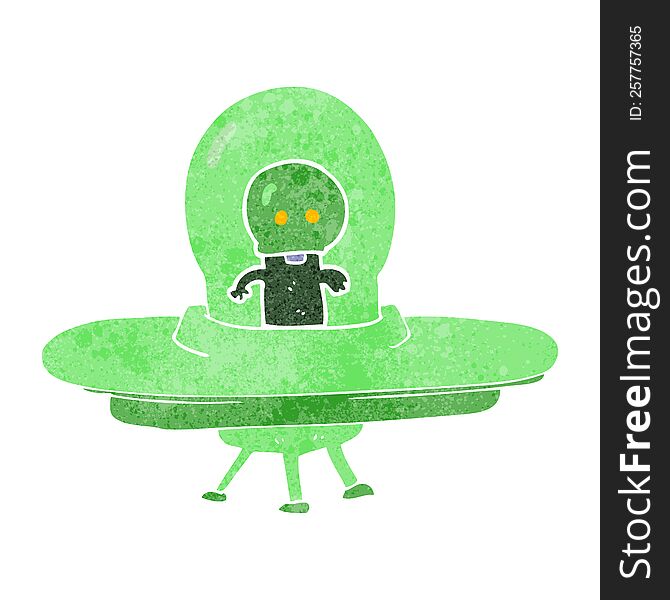 freehand retro cartoon alien in flying saucer