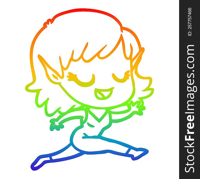 Rainbow Gradient Line Drawing Happy Cartoon Elf Girl Running