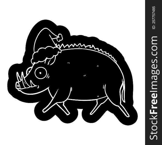 cartoon icon of a wild boar wearing santa hat