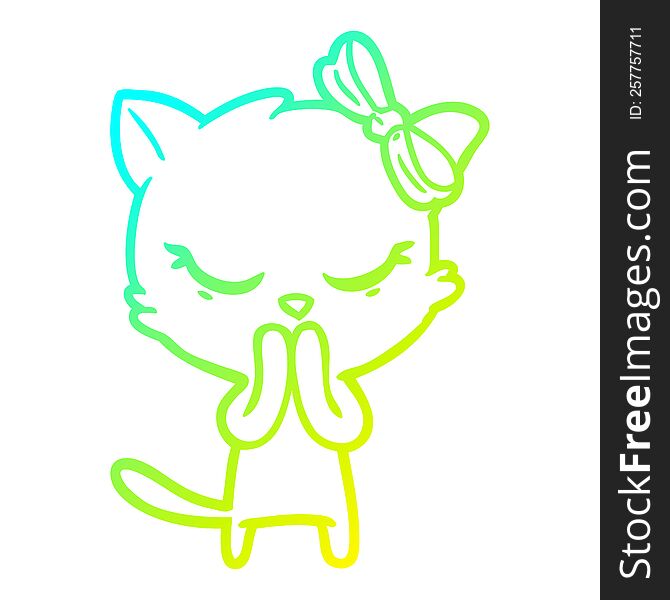 cold gradient line drawing cute cartoon cat with bow