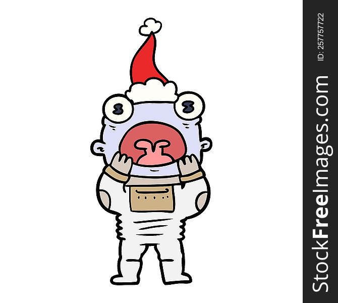 hand drawn line drawing of a alien gasping in surprise wearing santa hat