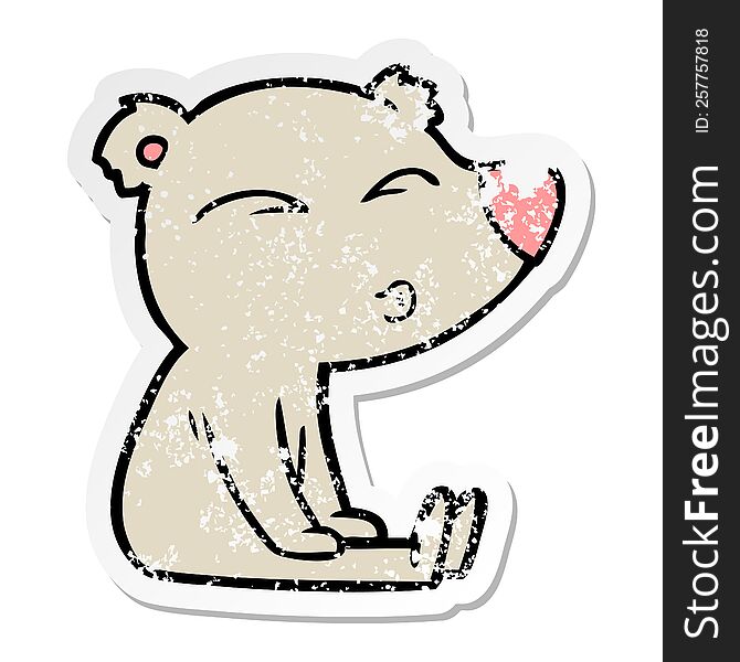 distressed sticker of a cartoon whistling bear sitting