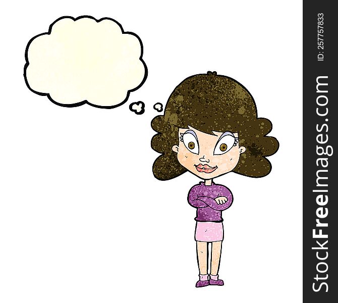 cartoon happy woman with folded arms with thought bubble