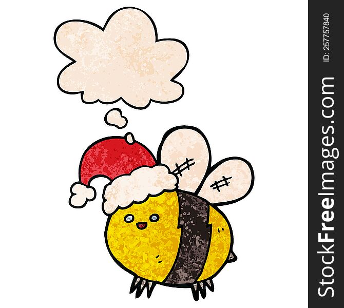 Cute Cartoon Bee Wearing Christmas Hat And Thought Bubble In Grunge Texture Pattern Style