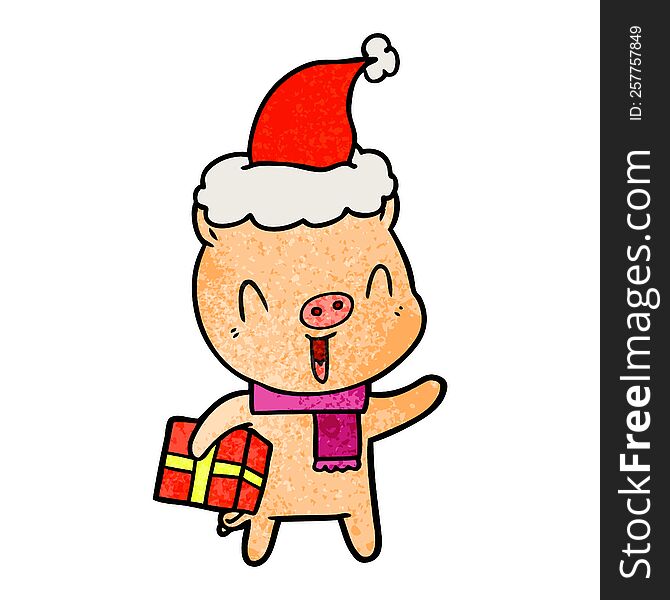 happy hand drawn textured cartoon of a pig with xmas present wearing santa hat