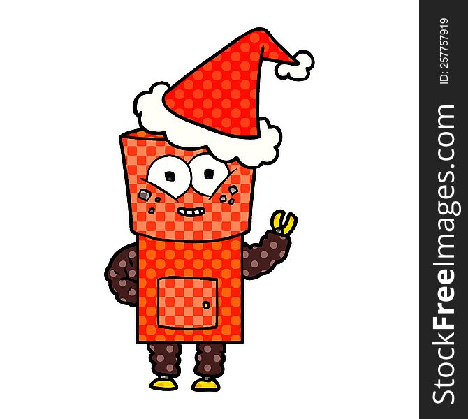 happy comic book style illustration of a robot waving hello wearing santa hat