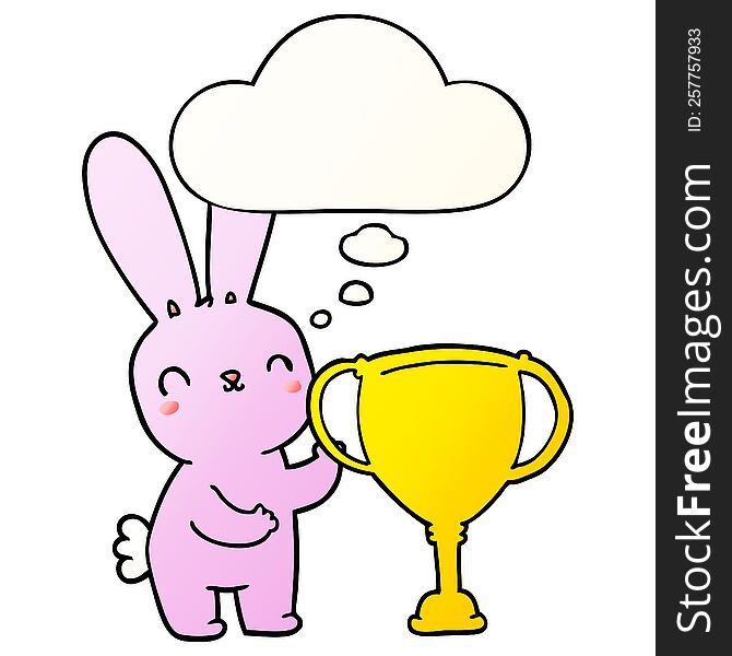 Cute Cartoon Rabbit With Sports Trophy Cup And Thought Bubble In Smooth Gradient Style