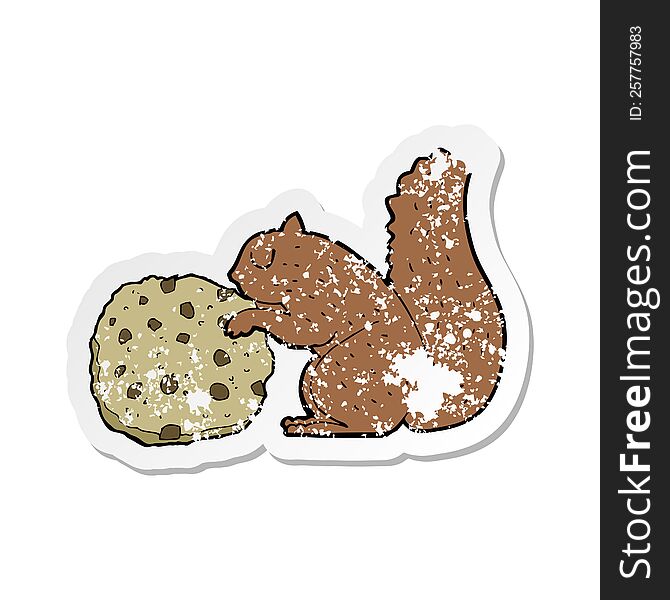 retro distressed sticker of a cartoon squirrel with cookie
