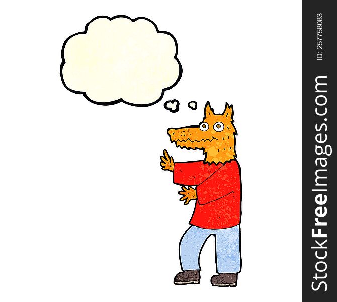 cartoon funny fox man with thought bubble