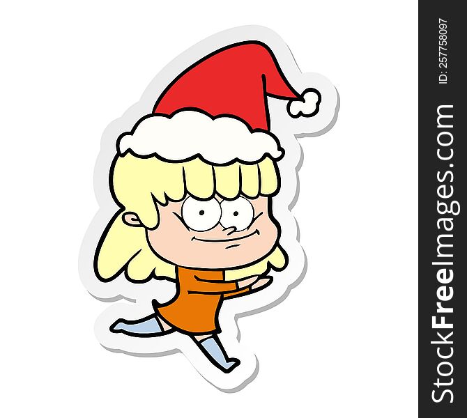 hand drawn sticker cartoon of a smiling woman wearing santa hat