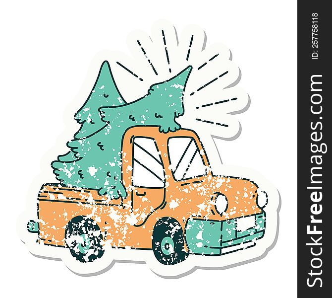 worn old sticker of a tattoo style truck carrying trees. worn old sticker of a tattoo style truck carrying trees