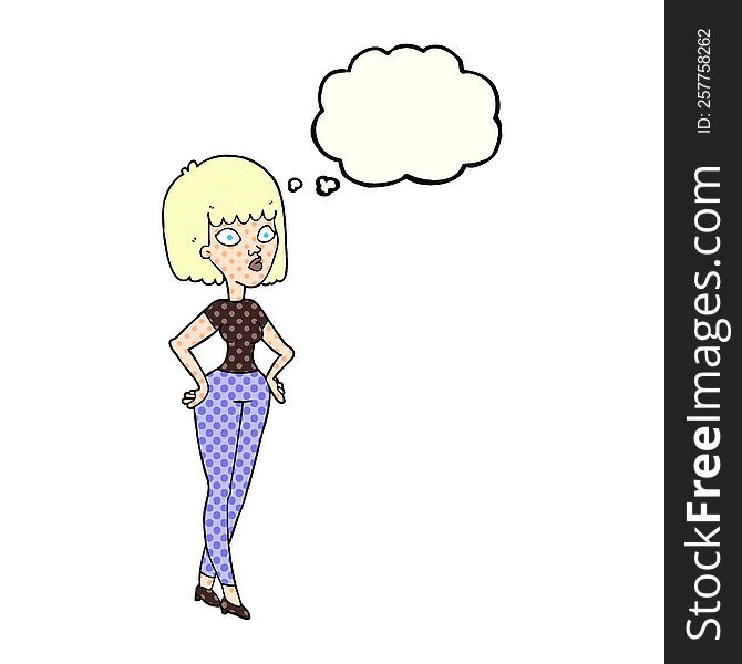 freehand drawn thought bubble cartoon woman with hands on hips