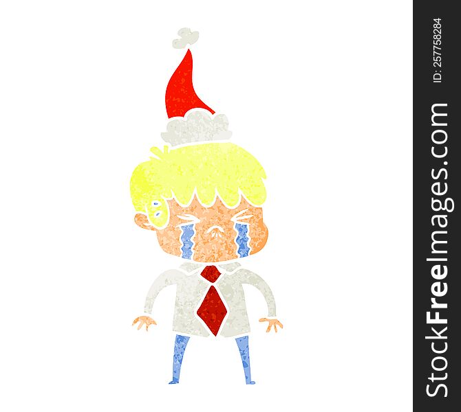 hand drawn retro cartoon of a boy crying wearing santa hat