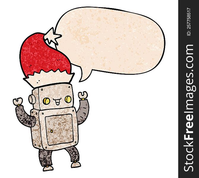 Cartoon Christmas Robot And Speech Bubble In Retro Texture Style