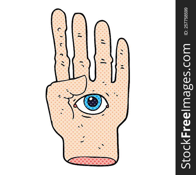 freehand drawn cartoon spooky hand with eyeball