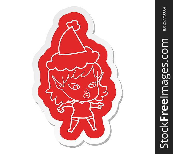 pretty quirky cartoon  sticker of a elf girl wearing santa hat