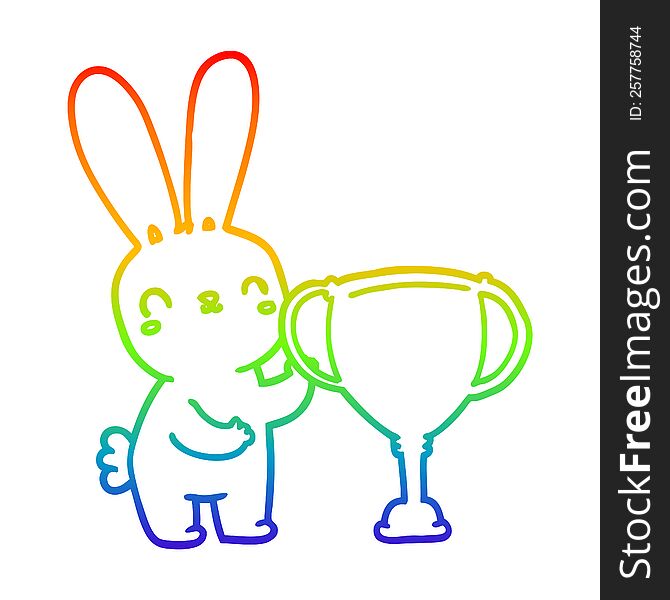 rainbow gradient line drawing of a cute cartoon rabbit with sports trophy cup