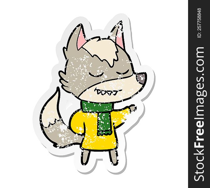 distressed sticker of a friendly cartoon wolf wearing scarf