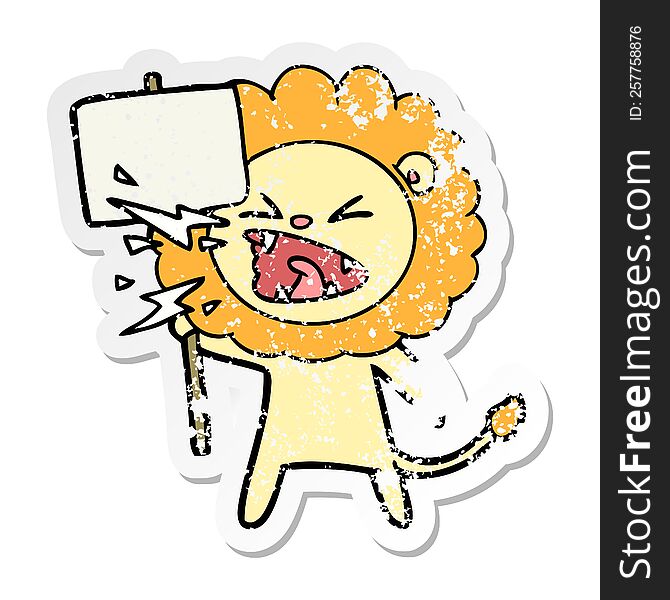 Distressed Sticker Of A Cartoon Roaring Lion Protester