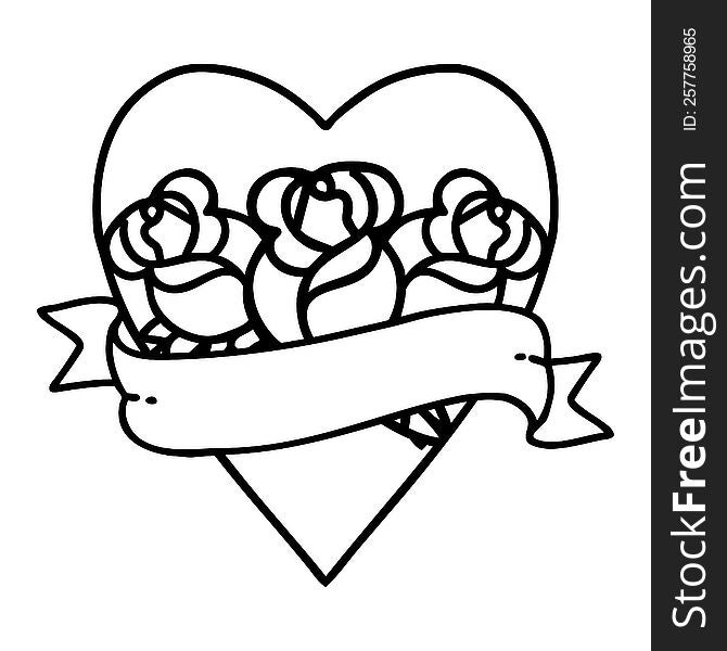 Black Line Tattoo Of A Heart And Banner With Flowers