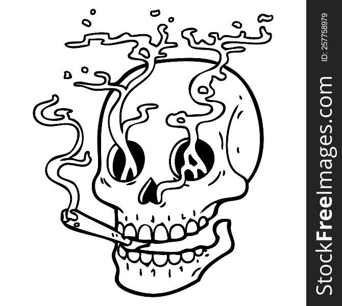 Black Line Tattoo Of A Skull Smoking