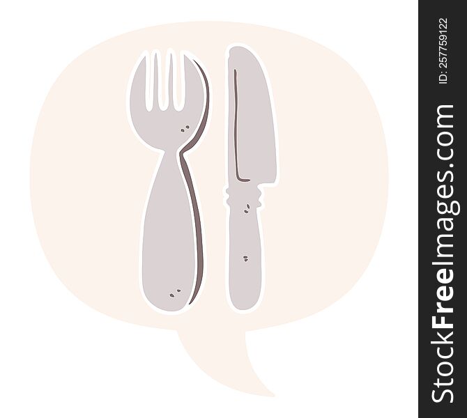 cartoon knife and fork with speech bubble in retro style