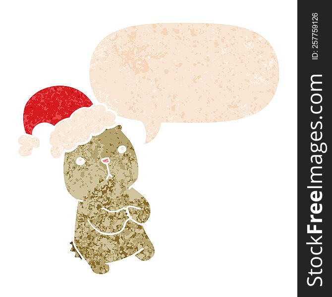 cartoon christmas bear worrying with speech bubble in grunge distressed retro textured style. cartoon christmas bear worrying with speech bubble in grunge distressed retro textured style