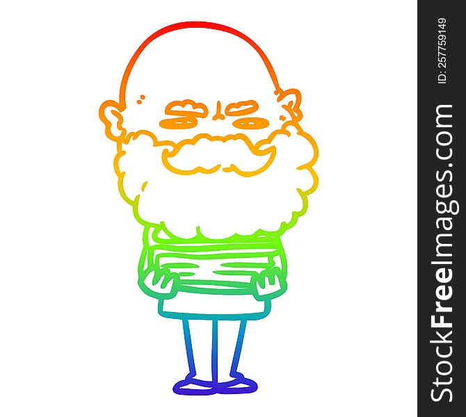 rainbow gradient line drawing cartoon man with beard frowning