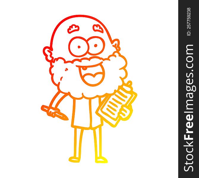 Warm Gradient Line Drawing Cartoon Crazy Happy Man With Beard And Clip Board For Notes