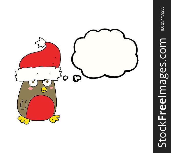 freehand drawn thought bubble cartoon christmas robin wearing christmas hat. freehand drawn thought bubble cartoon christmas robin wearing christmas hat